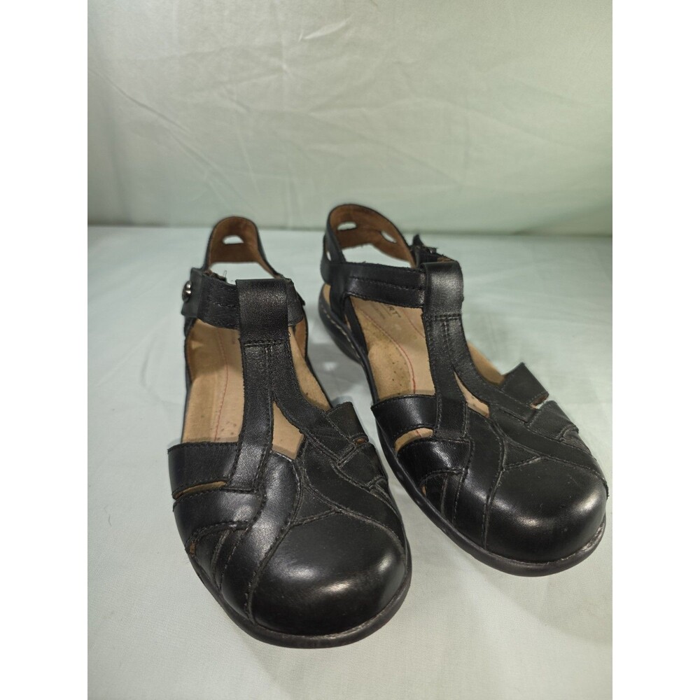 Rockport Cobb Hill Penfield Black Leather T-Strap Fisherman Sandals Women Sz 6 M